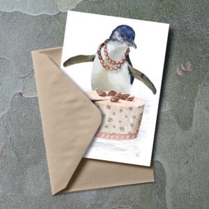 Little Penguin greeting card | best in show | illustrated by Cal Heath | Penguin with birthday cake illustration
