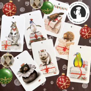 Christmas Gift Tags showing Tasmanian Wildlife | Best in Show | Cal Heath | Illustration | wallaby | wombat | platypus | echidna | Tasmanian Devil | Orange-bellied parrot | Little penguin