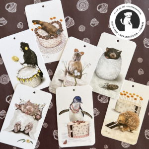 Wildlife Gift Tags showing Tasmanian animals and plants | Best in Show | Cal Heath | Illustration | platypus | Tasmanian Devil | Echidna | Black Cockatoo | Little Penguin | Pademelon | wombat