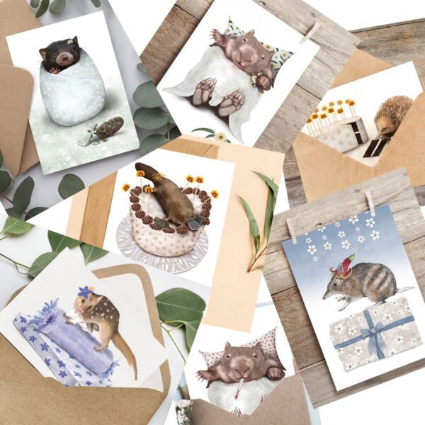 Tasmanian wildlife greeting cards | best in show | cal heath | illustration | graphic design | Tassie Devil Baby Card | wombat baby card | spotted quoll greeting card