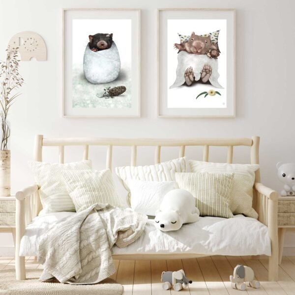 Beautifully illustrated Tassie Devil Baby and Wombat Baby Fine Art Prints Hanging in Children's room | Best in Show | by Cal Heath