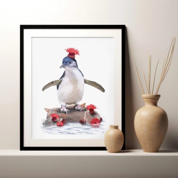 Little Penguin fine art print in frame sitting on mantle piece | little penguin and waratah anemones | Best in Show illustration | Cal Heath