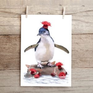 Little Penguin fine art print | little penguin and waratah anemones | Best in Show illustration | Cal Heath