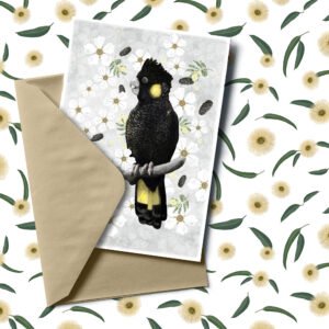 Yellow-tailed Black Cockatoo illustration shown as a greeting card | by Cal Heath | Best in Show