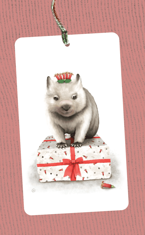 Wombat Christmas Gift Tag| Wombat joey wearing a Correa crown | Best in Show | Illustration by Cal Heath