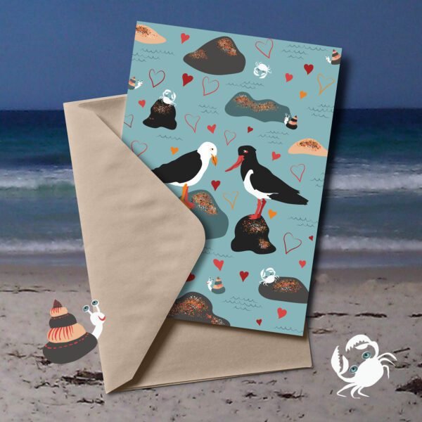 Shore thing greeting card | illustrated by Cal Heath | Best in Show | Pacific Gull | Pied Oyster Catcher