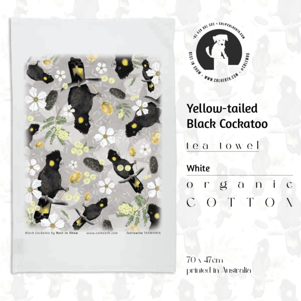 Black Cockatoo tea-towel | Illustrated by Cal Heath | Full Tea-towel design | by Best in Show | White Organic Cotton Tea-towel