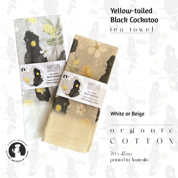 Folded Black Cockatoo tea-towel | Illustrated by Cal Heath | by Best in Show | Beige and White options printed on Organic Cotton