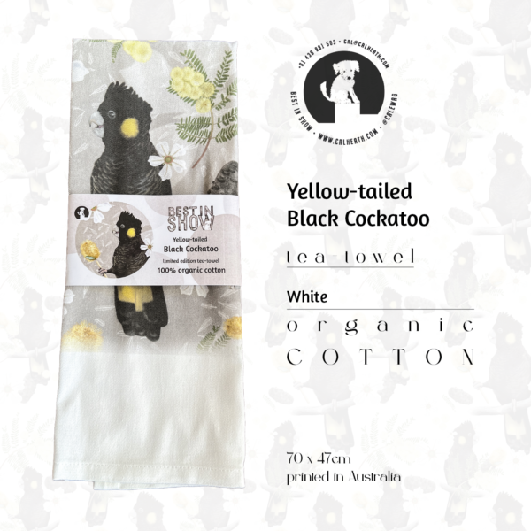 Folded Black Cockatoo tea-towel | Illustrated by Cal Heath | Folded Tea-towel | by Best in Show | White Organic Cotton