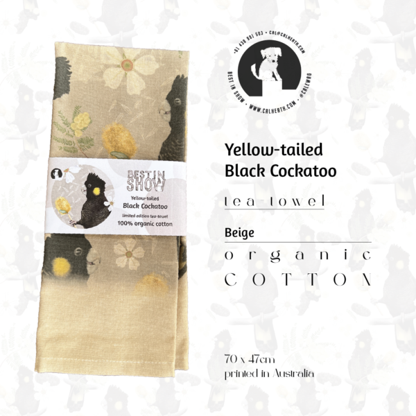 Folded Black Cockatoo tea-towel | Illustrated by Cal Heath | Folded Tea-towel | by Best in Show | Beige Organic Cotton Tea-towel