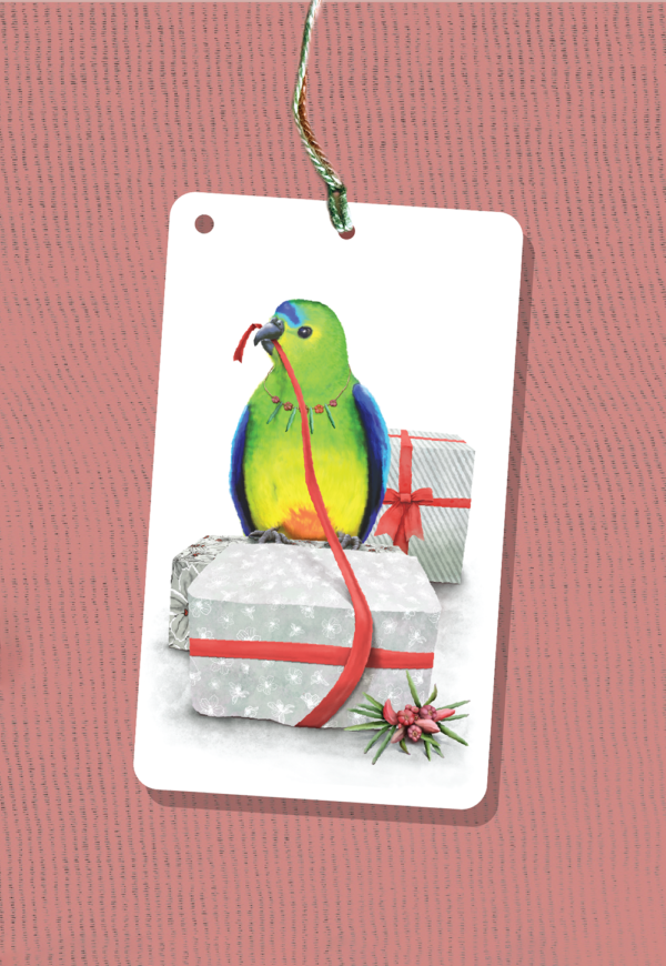 Christmas gift tag | illustration of Orange-bellied parrot by Cal Heath | Best in Show