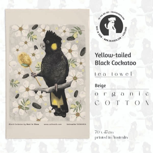 natural organic cotton black cockatoo tea-towel | best in show | cal heath | yellow-tailed black cockatoo | Tasmania