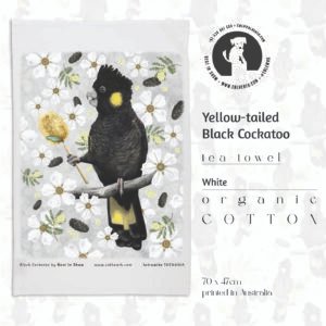 White organic cotton black cockatoo tea-towel | best in show | cal heath | yellow-tailed black cockatoo | Tasmania