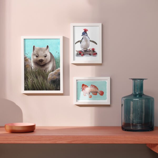 framed illustration mockup | Little Penguin | Wombat Joey | Red handfish | illustrations by Cal Heath from Best in Show