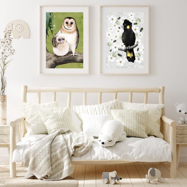 2 framed bird portraits shown in a child's bedroom setting | Yellow-tailed Black Cockatoo | Tasmanian Masked Owl | by Cal Heath | Best in Show