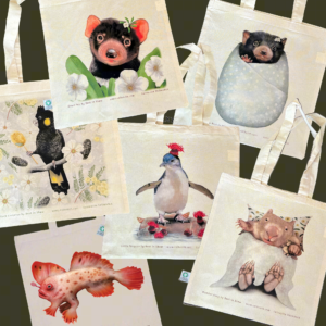 Tasmanian Wildlife Tote Bags | Red Handfish | Wombat | Tasmanian Devil | Tassie Devil | Penguin | Black Cockatoo | Illustrated by Cal Heath | Best in Show