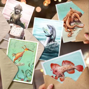 Weedy seadragon | Australian Fur seal | Red handfish | Dolphin | Octopus illustrated greeting cards | Tasmanian sea life | by Cal Heath | Best in Show