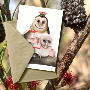 Tasmanian Wildlife Christmas card | Tasmanian Masked Owl mum and chick Christmas Card | Illustrated by Cal Heath | Best in Show